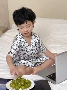 DAZY Young Boy Front Button Short Sleeve All-Over Print Simple Top And Shorts Pajama Set - White - View 2
