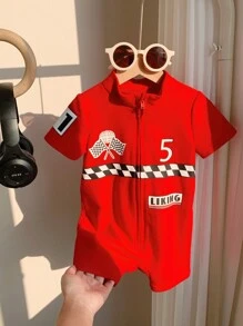 SHEIN Baby Boy/Girl Letter Pattern Soft Knit Short Sleeve Romper & Shorts Set - Red - View 5