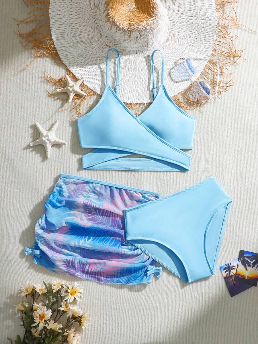 Tween Girl Swimwear Set, Floral Print Splicing Beachwear Swimwear, Cute Pattern Sports Swimming Costume - Blue - View 1