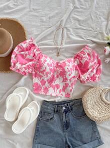 Soleia 女士夏季假期宽松花卉印花泡泡袖荷叶边下摆收腰浪漫休闲衬衫上衣，适合春季、派对、情人节、约会、下午茶 - 彩色 - 查看 4