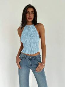 Aloruh Women's Neck-Tie Adjustable Ruched Multi-Layer Semi-Sheer Romantic Date Cropped Camisole - Blue - View 4