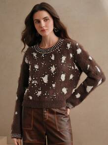 Anewsta 豹纹串珠绒面圆领长袖毛衣，秋/春季针织套头衫，秋冬毛衣 - 咖啡棕 - 查看 5