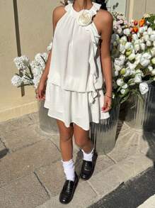 SHEIN EZwear Women's Solid Color Floral 3D Decor Halter Short Dress - White - View 1