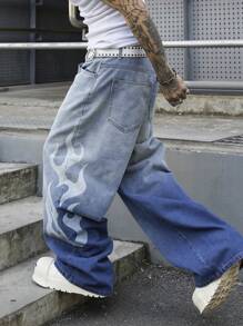 PAVTROS 男式复古浅蓝色破洞牛仔宽松阔腿裤，配涂鸦扎染效果图案 - 淺色水洗藍 - 查看 1