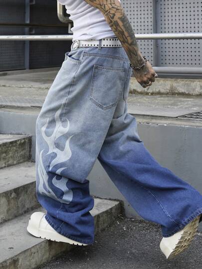 PAVTROS Manfinity Streetrush Men's Vintage Light Blue Distressed Denim Loose Wide Leg Pants With Graffiti Tie-Dye Effect Graphic Street Hang Out College