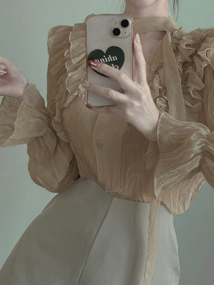 Women's Frill Trim Lace Up Loose Elegant Blouse, Spring/Summer/Autumn Long Sleeve