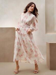 Anewsta Women's Dress With Waist Ruched Chiffon Floral Print, Elegant Style Suitable For Beach, Spring Outfits - Pink - View 7