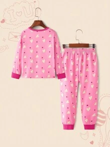 Heart Print Round Neck Long Sleeve Top And Pants Pajama Set For Young Girls - Hot Pink - View 2