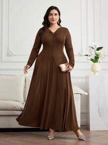 Mulvari 大码纯色长袖褶皱简约休闲连衣裙