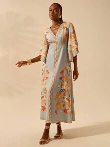 CAJUNI 女士波西米亚风热带花卉印花深 V 领荷叶边袖连衣裙，度假休闲夏季连衣裙 - 彩色 - 查看 6