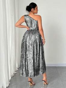 SHEIN Unity Plus Size Women Metal Pleated Asymmetrical Shoulder Solid Color Party Dress - Grey - View 2