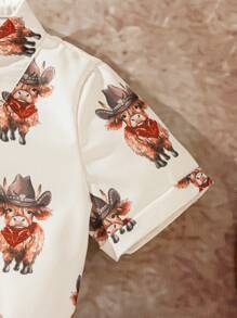 SHEIN Young Boys 2pcs Sets Spring & Summer Wildeya New Styles, Fashionable Funny Cute Western Cow Print Matched With Red-Brown Pants 2 Pieces Suits, Suitable For Outdoor Activities, Nomadic Life And Daily Wear