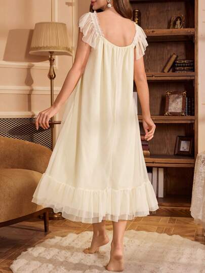 PalaceNights Romantic Ruffle Bow Square Neck Mesh Strap Nightgown Babydoll Luxe Loungewear, Moo view 2