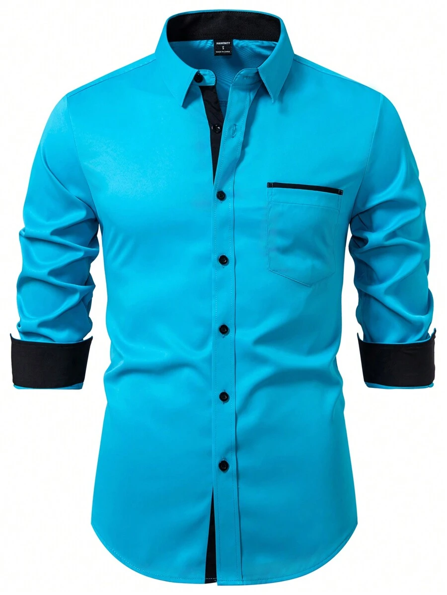 Calvornis Kemeja Pria Lengan Panjang Kancing Tunggal Warna Kontras dengan Saku, Kasual Formal, Untuk Musim Gugur, Upacara - Mint Blue - View 1