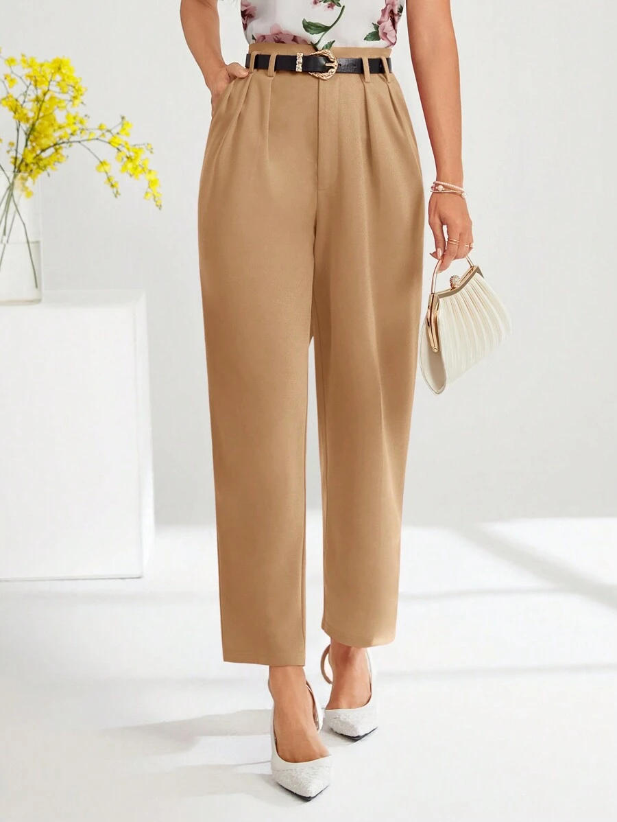 SHEIN Clasi Women's Solid Color Pocket Pleated Simple Casual Suit Pants In Fall/Winter - Camel - View 1