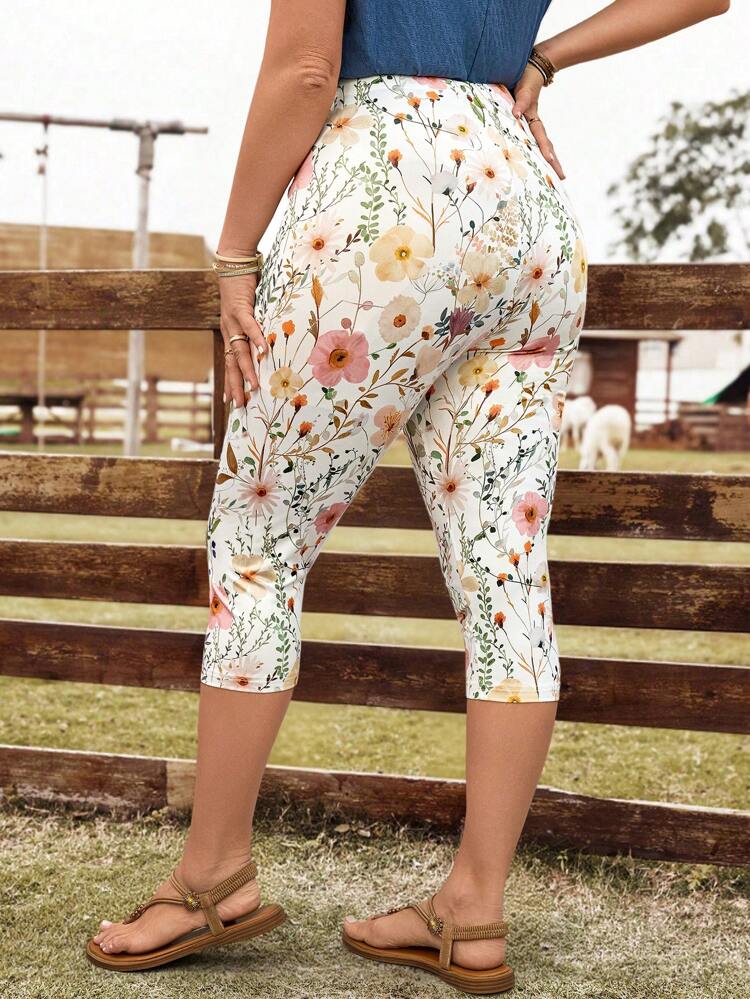 Plus Size Summer Floral All-Over Print Leggings, Casual And Suitable For Vacation,Western Wear Women Vacation Outfits Woman Beach Outfits For Woman,Flower/Spring