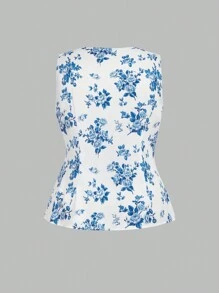 SHEIN MOD Plus Size Floral Print Sleeveless Casual Shirt, Perfect For Vacation - Blue - View 2