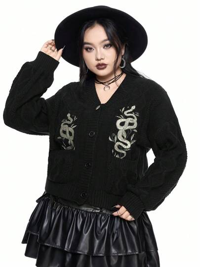 Goth Cárdigan delgado de talla grande, estilo vintage casual y versátil, con bolsillo bordado con motivo de planta y hoja de serpiente en la manga farol