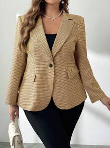 SHEIN Privé Plus Size Plaid Lapel Long Sleeve Regular Blazer, Autumn/Winter - Yellow - View 6