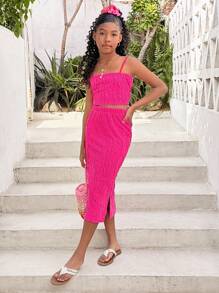 SHEIN Tween 女童休闲时尚纯色吊带背心和中长裙套装