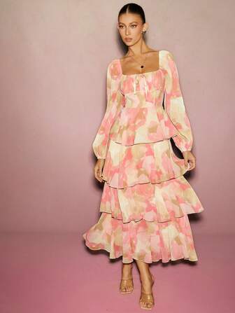 L'Amorae 优雅花卉印花荷叶边下摆连衣裙