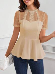 SHEIN Clasi 女士纯色撞色蕾丝立领短袖优雅 T 恤 - 駝色 - 查看 3