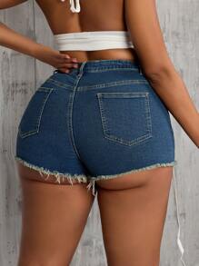 SHEIN SXY 大码女式弹力牛仔短裤，带抽绳设计，紧身超短牛仔裤