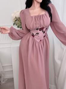 Feyla 女士优雅花卉印花拼布灯笼袖连衣裙 - 粉色 - 查看 6