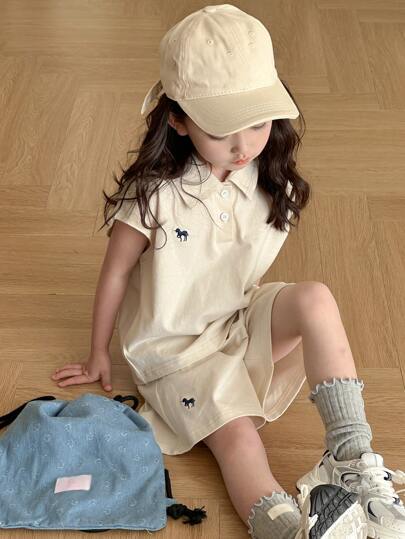 Dazy Kids 2pcs Young Girl Collared Knit Pattern Embroidered Short Sleeve T-Shirt + Knit Shorts Set, Summer