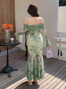 DAZY St. Patrick's Day Floral Mesh Dress With Flared Sleeves & Off Shoulder Neckline For Women Elegant,Ruffle,Fall Dress Long Sleeve Dress Easter - Green - View 2