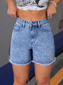 SHEIN Tall High Waisted Washed Women Denim Bermuda Shorts, Casual & Stylish For Everyday Wear - Light Wash - View 1