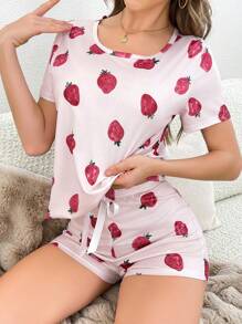 Strawberry Printed Sweet Women Pajama Set - Pink - View 1