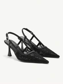 CUCCOO CHICEST 女士黑色网纱拼接尖头细高跟鞋，优雅性感浪漫时尚黑色蕾丝女士高跟凉鞋，适合下午茶、约会、派对、情人节等场合的礼服鞋 - 黑色 - 查看 1