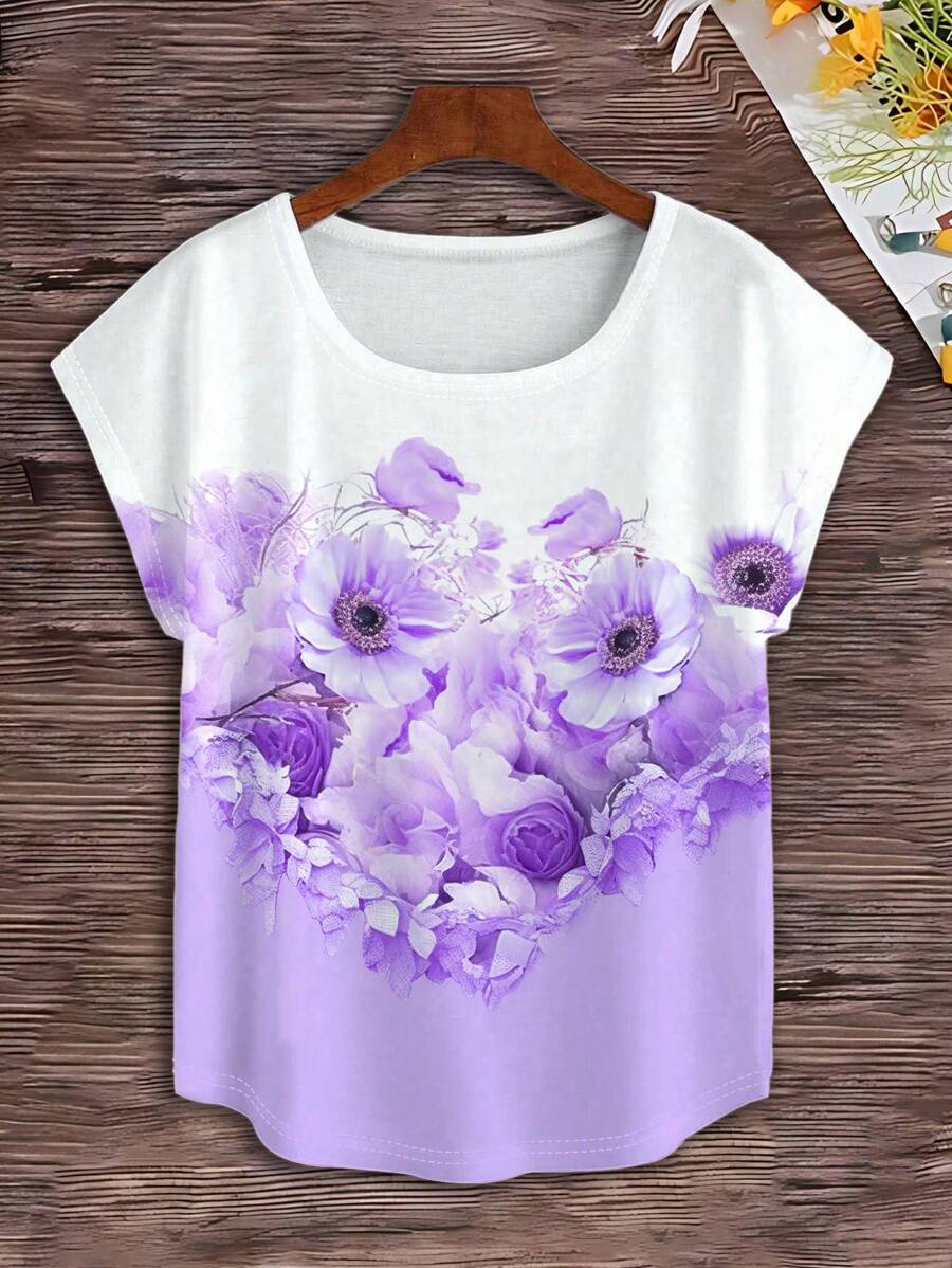 INAWLY Bloemenprint Casual Ronde Hals Korte Mouw T-shirt Grafische T-shirts Dames Tops