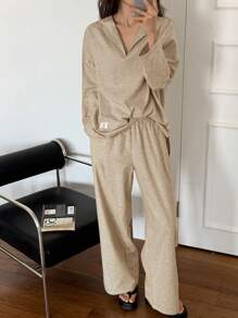 DAZY Simple Loose Knit Trim Loungewear Set Pajama - Khaki - View 5