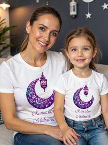 Ramadan Young Girl Casual Fashionable Creative Holiday Style Cartoon Cute Decorative Moon Light Pattern Print Casual Basic Short Sleeve Top, Mommy And Me Matching (2 Pieces Sold Separately) - White - View 4