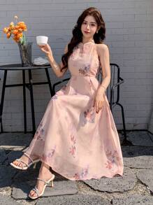 DAZY 中式印花立领拼接中长连衣裙，适合女性度假、邮轮旅行等场合，也可作为复活节服装穿着。 - 粉色 - 查看 3