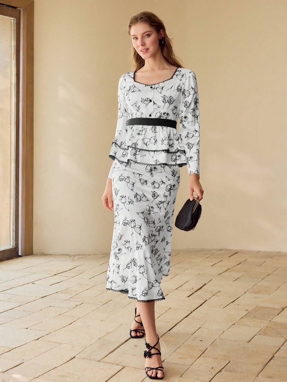 FLORAL PRINT MERMAID HEM SKIRT,SPRING/SUMMER