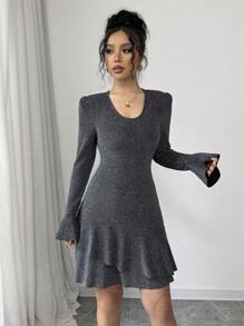 SHEIN Unity High Elastic Soft Fitted Sexy Mini Dress With V-Neck, Ruffle Trim Asymmetric Hem, And Bell Sleeves Fall Cloth For Women - Grey - View 4