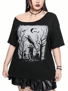 ROMWE Goth Plus Size One Shoulder Drop Sleeve T-Shirt With Vintage Cross, Raven, Tombstone, Moon And Plant Print, Horror Mysterious Distressed Print, Suitable For Spring Break Concert, Rave Outfits, Festival, Plus Size