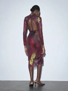 Maija 露背扎染印花立领修身长袖女式连衣裙，适合派对和聚会，春夏季时尚 - 玫瑰紅 - 查看 5