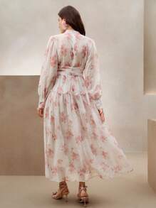 Anewsta Women's Dress With Waist Ruched Chiffon Floral Print, Elegant Style Suitable For Beach, Spring Outfits - Pink - View 5