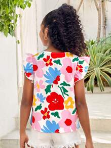 SHEIN Leap Crew 青少年女孩度假休闲时尚碎花圆领盖袖衬衫