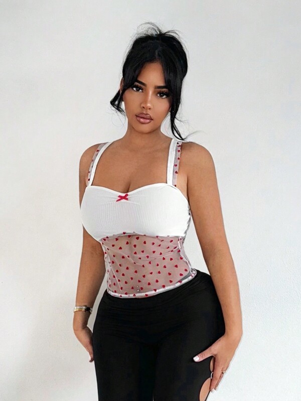 SHEIN SXY Sexy Cute Red Heart Sheer White Tank Top  Valentine's Day