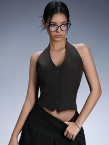 Femmeiva Women's Solid Color Button Up Halter Neck Vest Top - Chocolate Brown - View 6