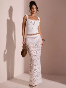 SHEIN BAE 夏季海滩度假纯白色荷叶边蝴蝶结蕾丝背心，适合日常约会、夜间外出、夜总会、派对、聚会、鸡尾酒会、泳池派对、返校季服装、返校季服装、假日女式上衣、迷你上衣 - 白色 - 查看 1