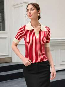 BizChic 女式条纹 Polo 领短袖毛衣，都市通勤商务休闲基本款上衣，秋冬优雅外套