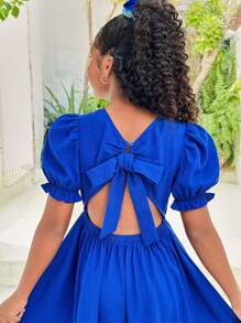 SHEIN Leap Crew Tween Girl 度假休闲纯色编织露背短袖连衣裙