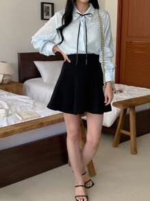 DAZY Texturierte Stoff-Schleifen-Krawatte Langarm Bluse, für Frauen, Frühling & Sommer