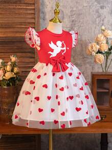 Vestido de niña para primavera/verano con estampado de corazón de San Valentín hecho de tela flocada y de malla - Rojo - Ver 8